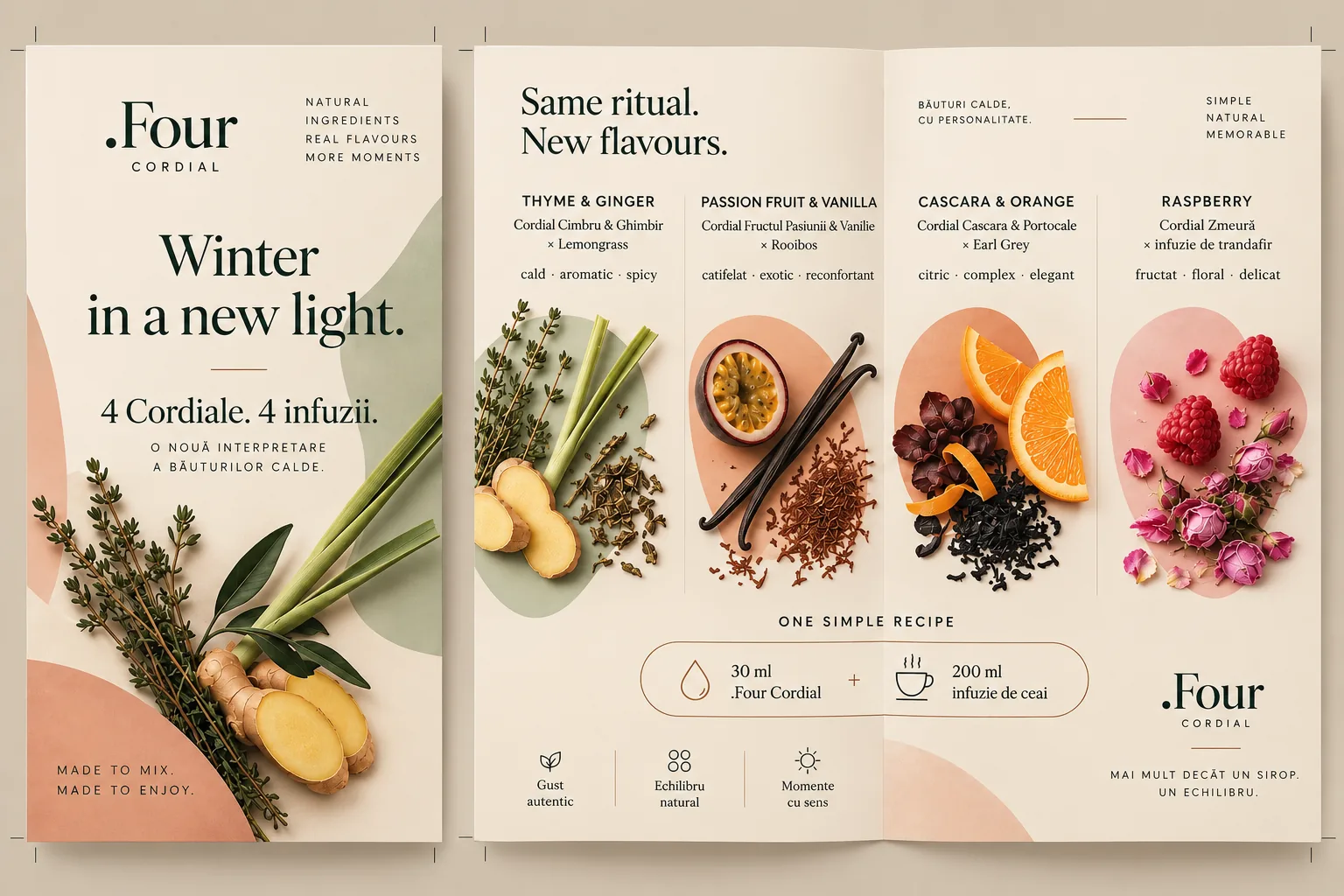 Pliantul „Winter in a new light”: 4 băuturi calde cu infuzie de ceai — cimbru și ghimbir cu lemongrass, fructul pasiunii și vanilie cu rooibos, cascara și portocale cu Earl Grey, zmeură cu infuzie de trandafir